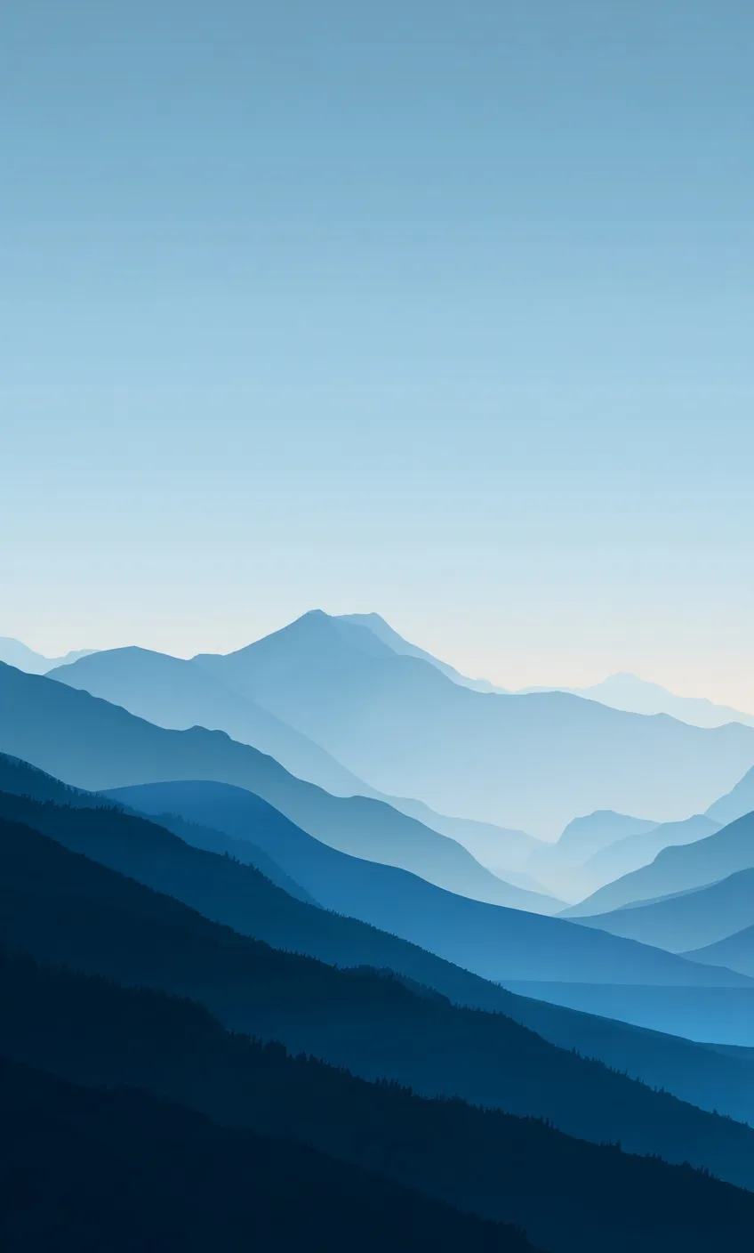 Minimalist mountain landscape wallpaper with soft blue layers, designed for iPhone 17 Pro Max background.