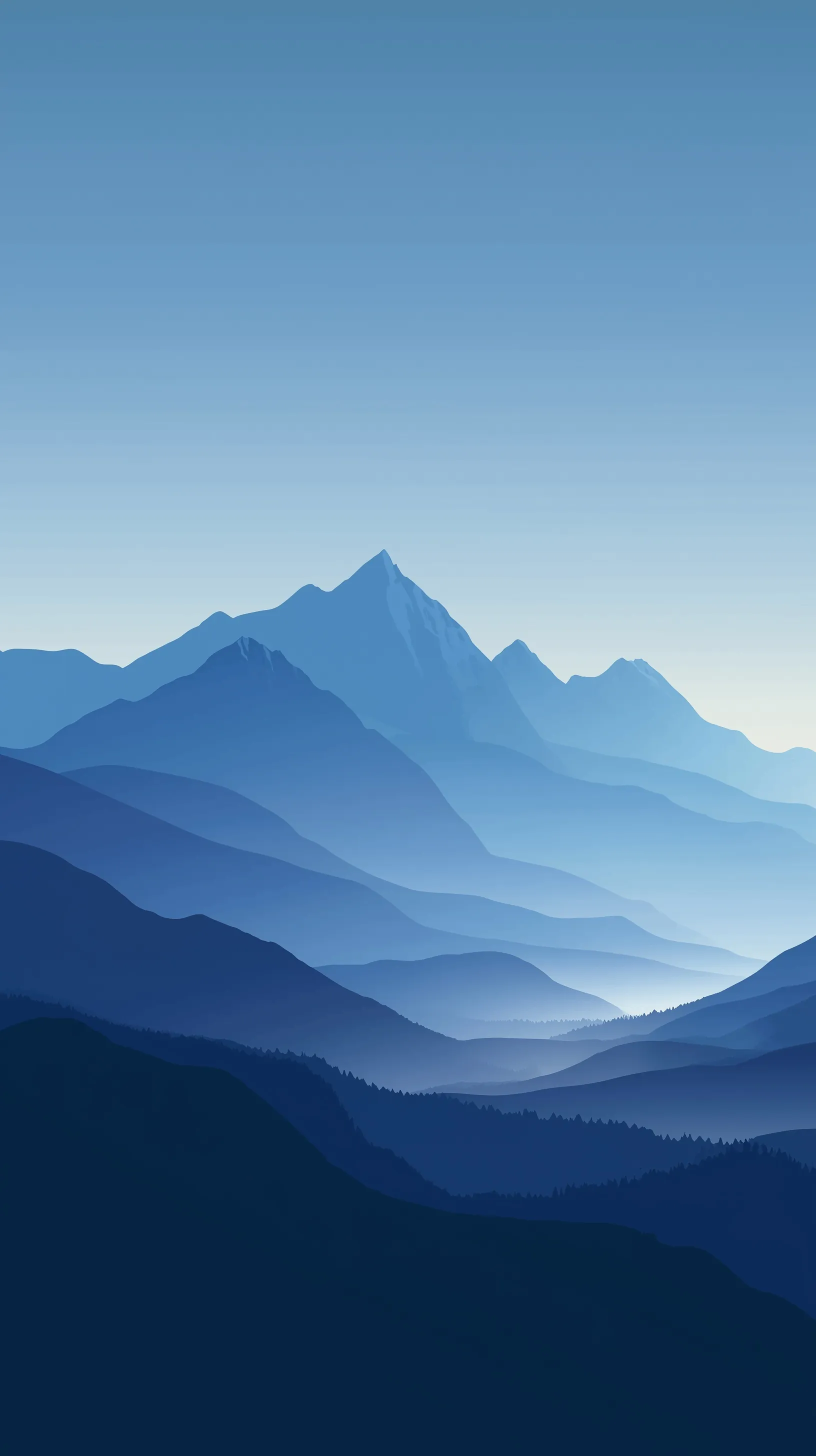 Minimalist mountain wallpaper for iPhone 17 Pro Max featuring layered blue and silver peaks in a soft mist.