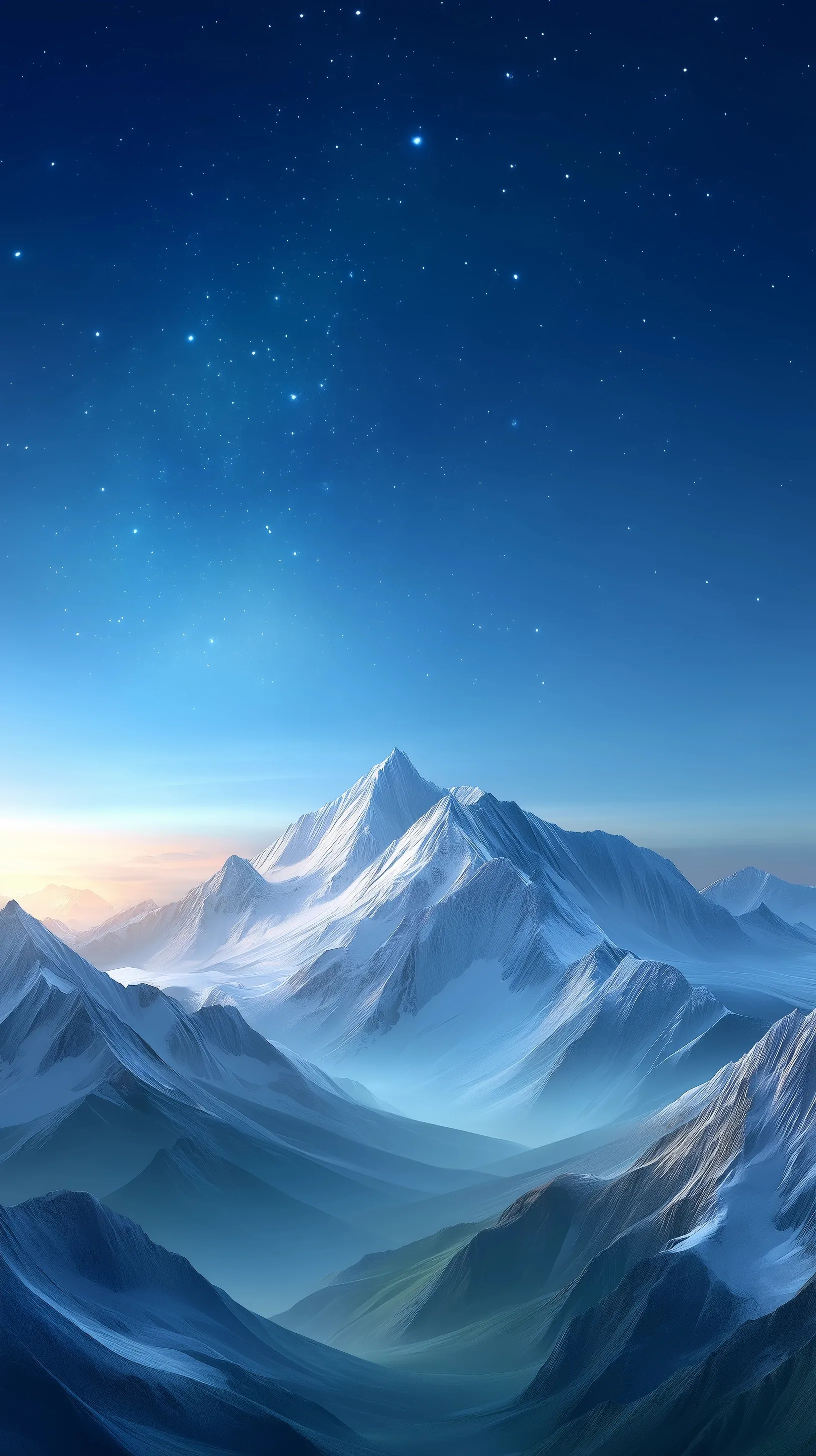 Minimalist snow-capped mountain wallpaper under a starry dark blue night sky for iPhone 17 Pro Max.