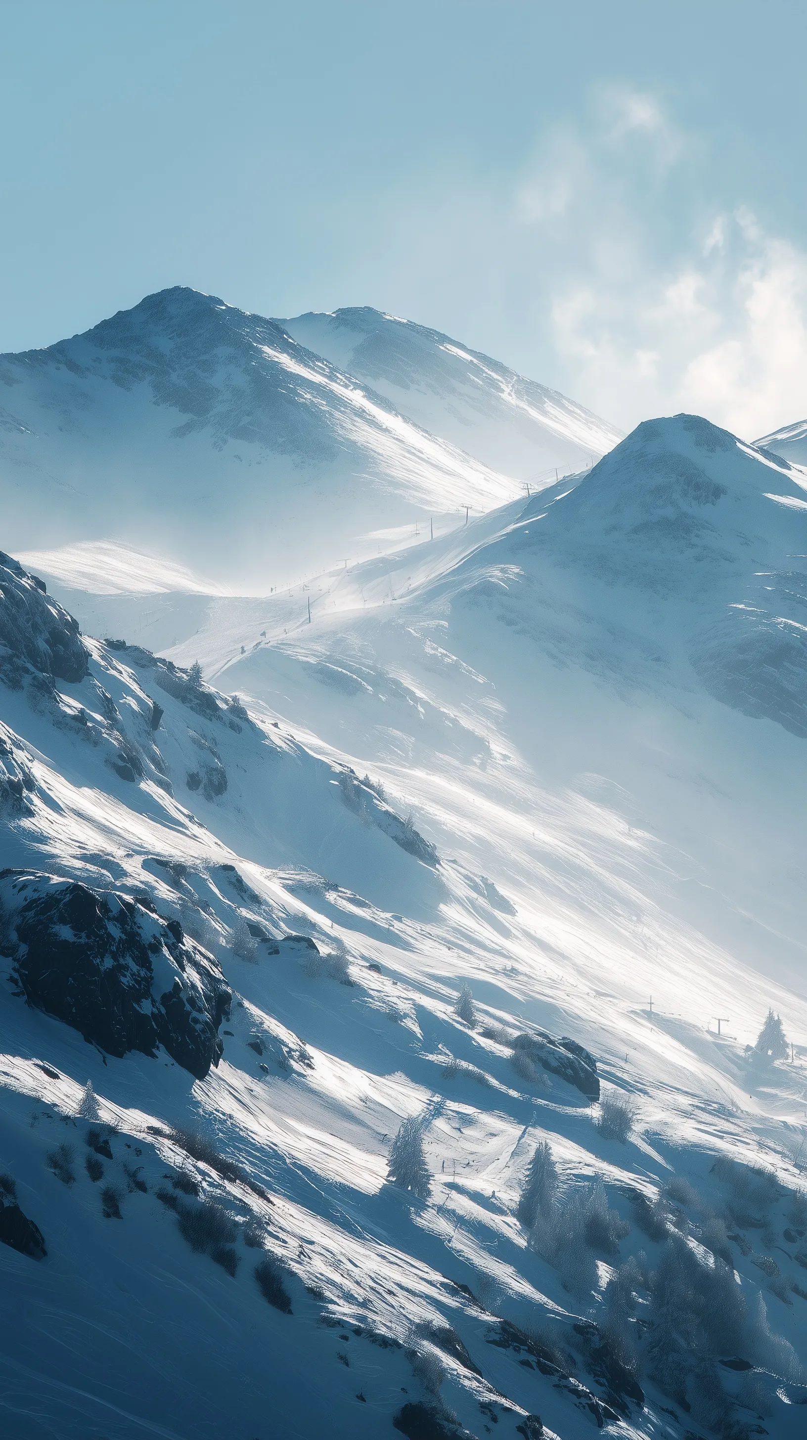 Snowy European Alps landscape with bright golden sunlight and fog for iPhone 17 Pro Max wallpaper.