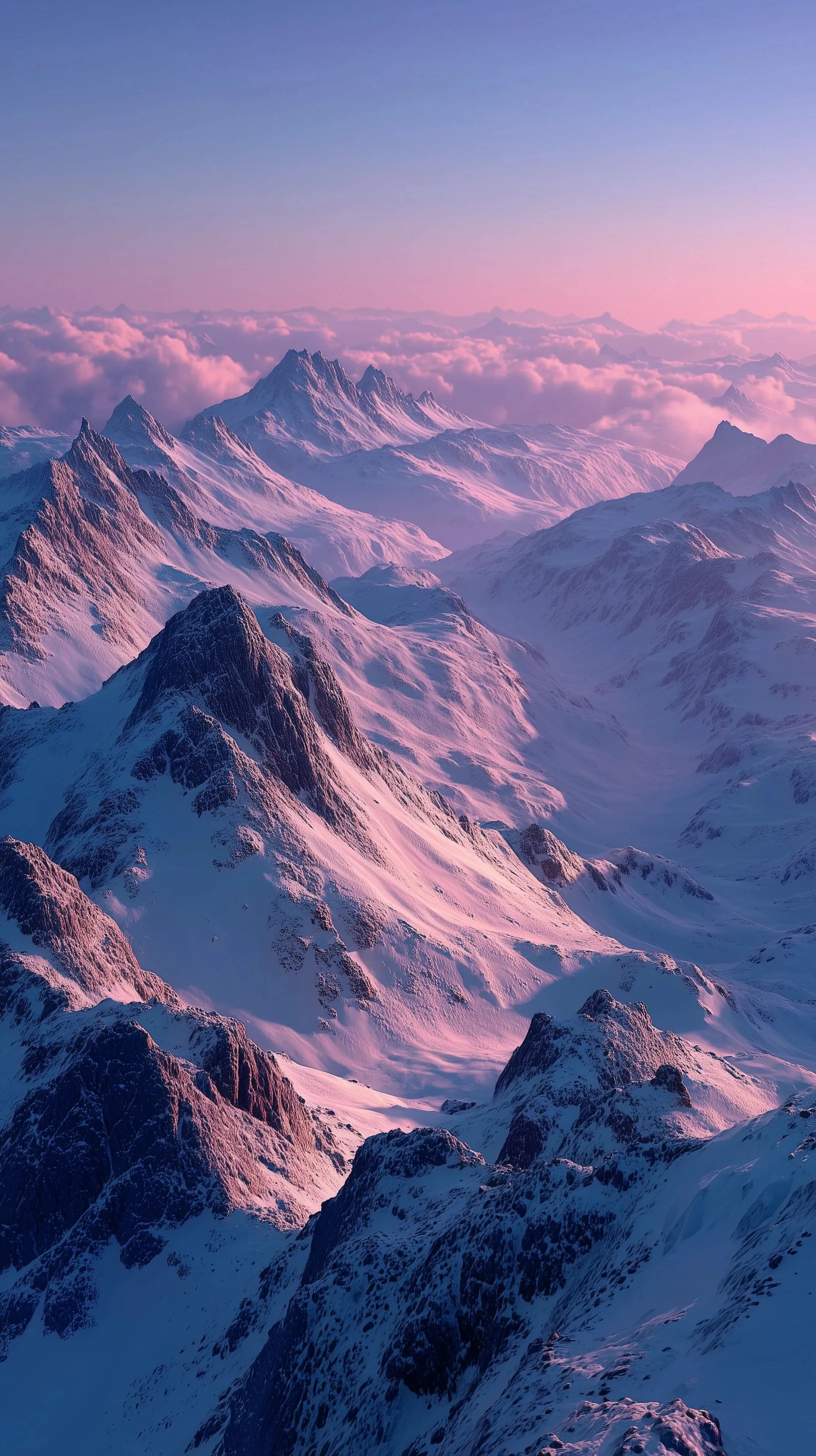 Vertical aerial view of snowy alpine mountains at sunrise with soft pink morning light and dreamy atmospheric fog.