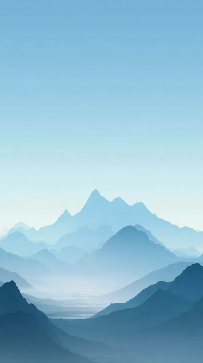 Minimalist light blue mountain wallpaper for iPhone 17 Pro Max with soft gradient and delicate arrow graphic.