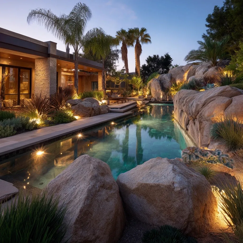 California backyard natural swimming pool surrounded by glowing landscape lights, succulents, and boulders at dusk.