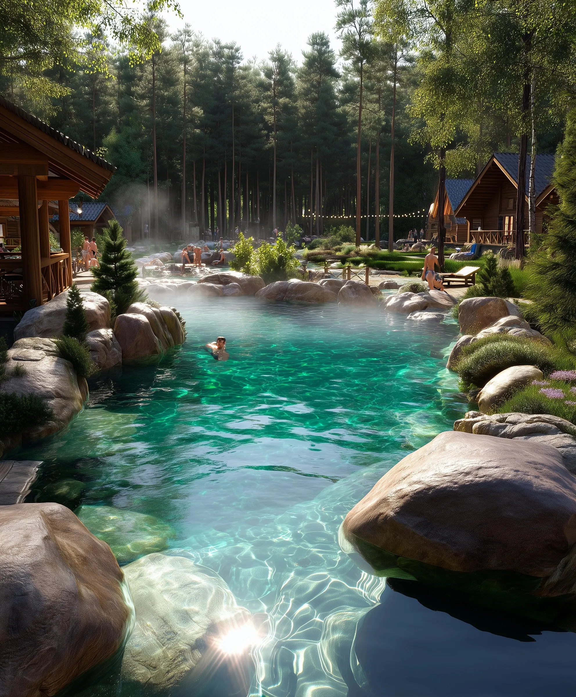 People relaxing in an idyllic natural hot spring pool surrounded by lush green forests and eco-lodges in Russia.