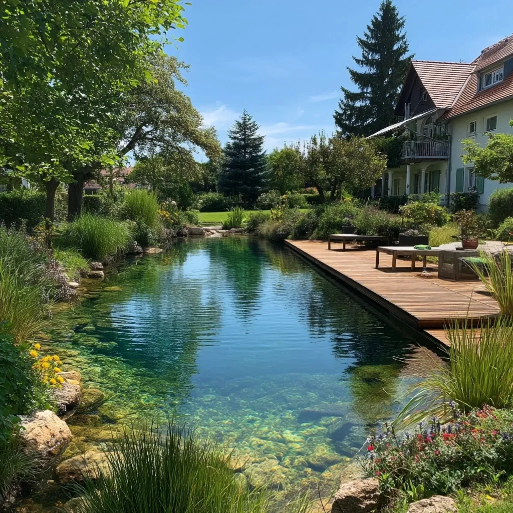 Natural swimming pool in a private garden with scenic South Germany mountain views and lush landscaping.