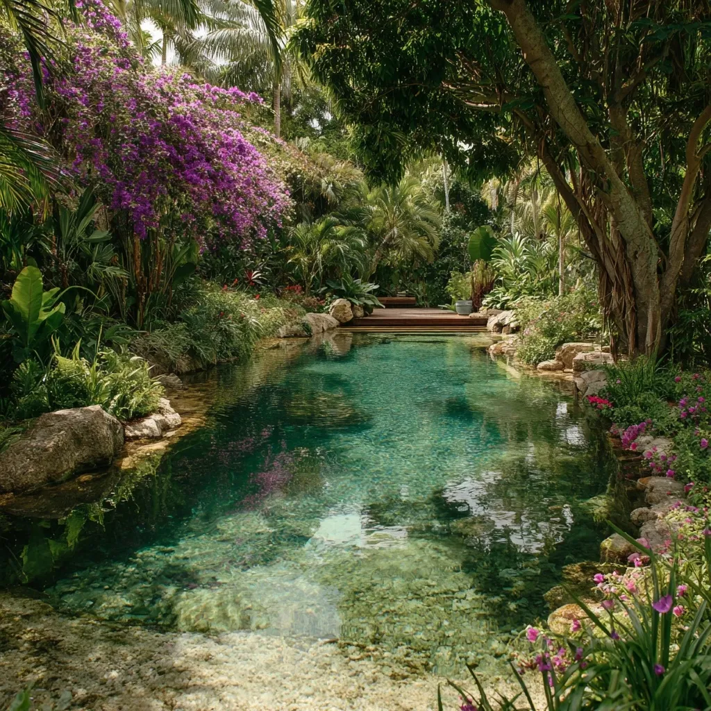Crystal clear natural swimming pool surrounded by lush tropical plants and blooming flowers.