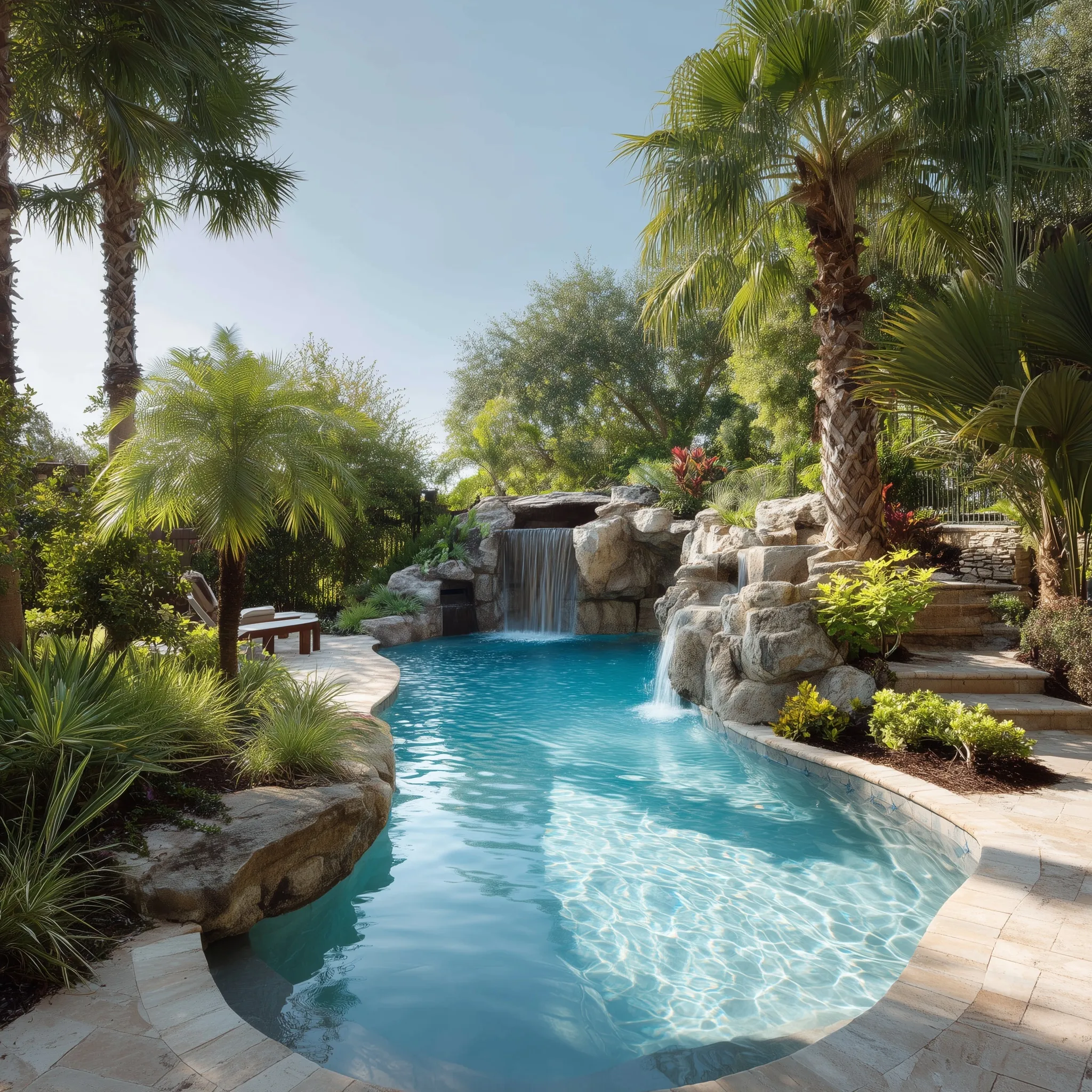 A luxury Florida backyard featuring a natural swimming pool with a stone waterfall and a winding lazy river.