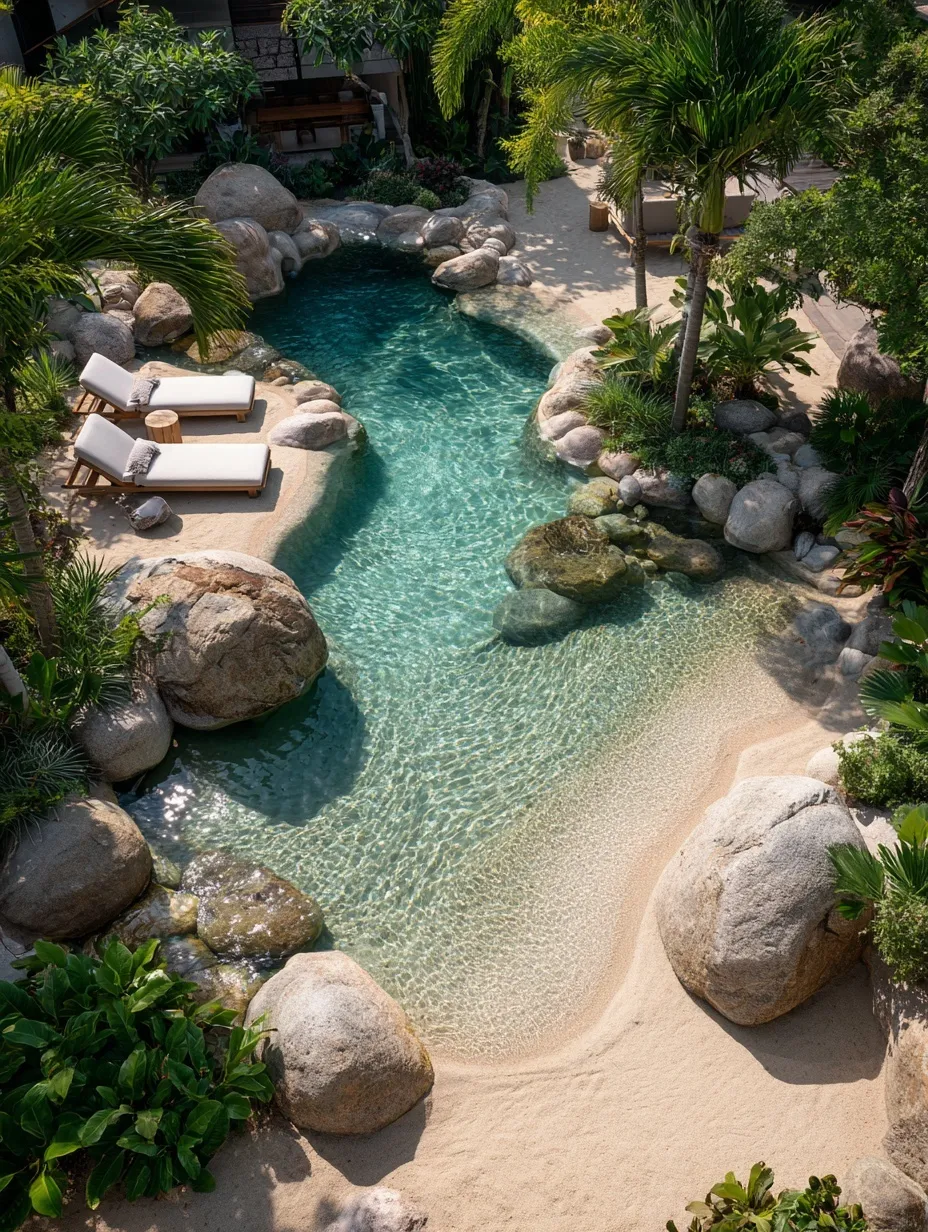 Top view of a natural beach-entry swimming pool with sand-colored stone, tropical plants, and minimalist sunbeds.