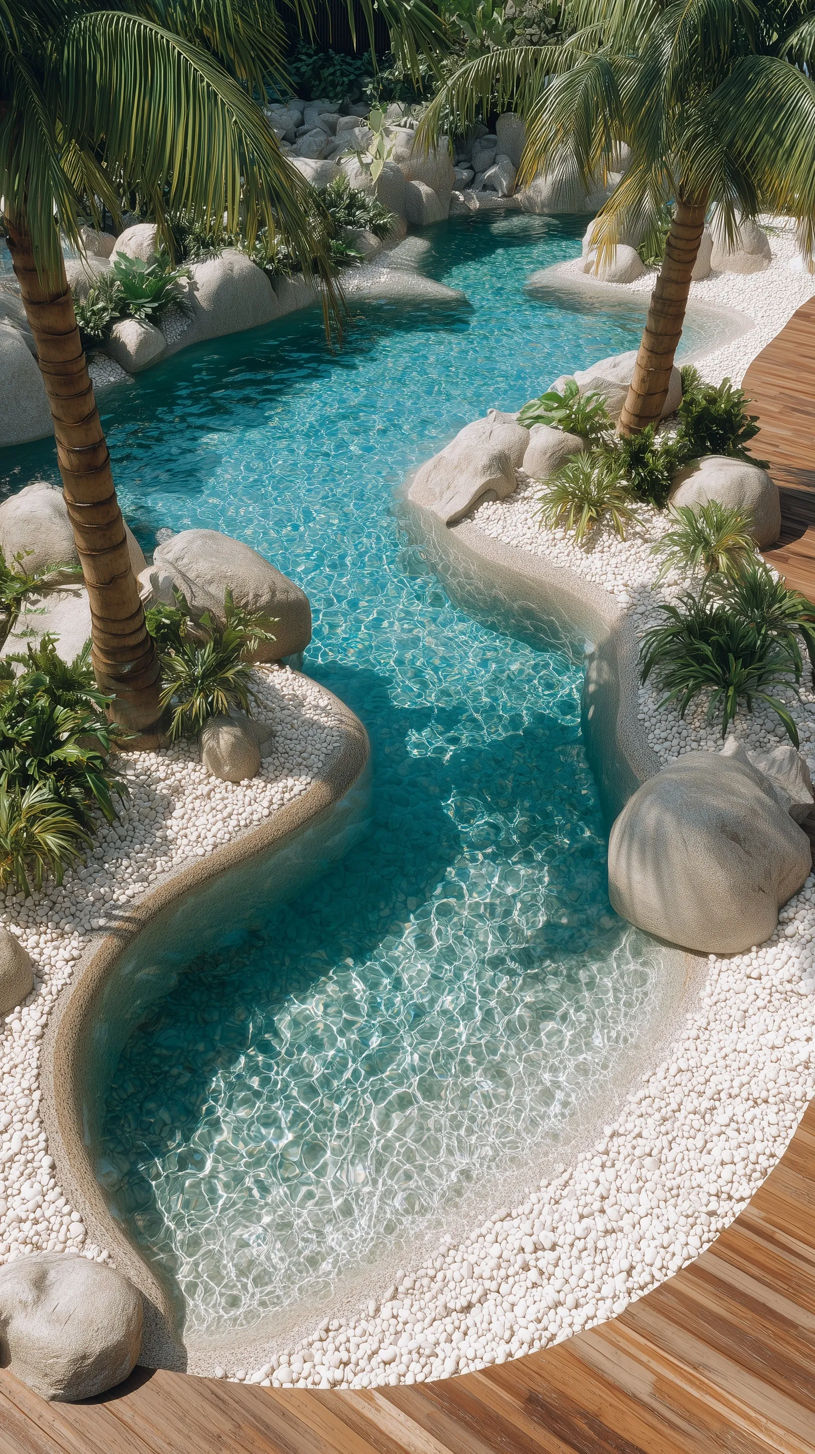 Organic resin and quartz natural swimming pool with palm trees, wooden deck, and tropical lagoon design.