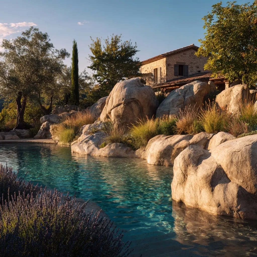 Natural swimming pool with sculpted stone edges, Mediterranean garden, and crystal-clear water at golden hour.