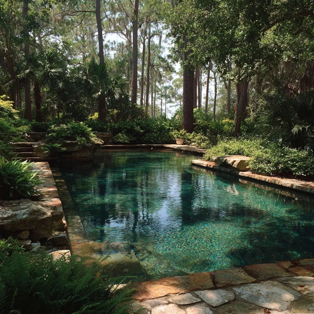 A natural swimming pool with organic stone edging, blending into a scenic, secluded Florida landscape.