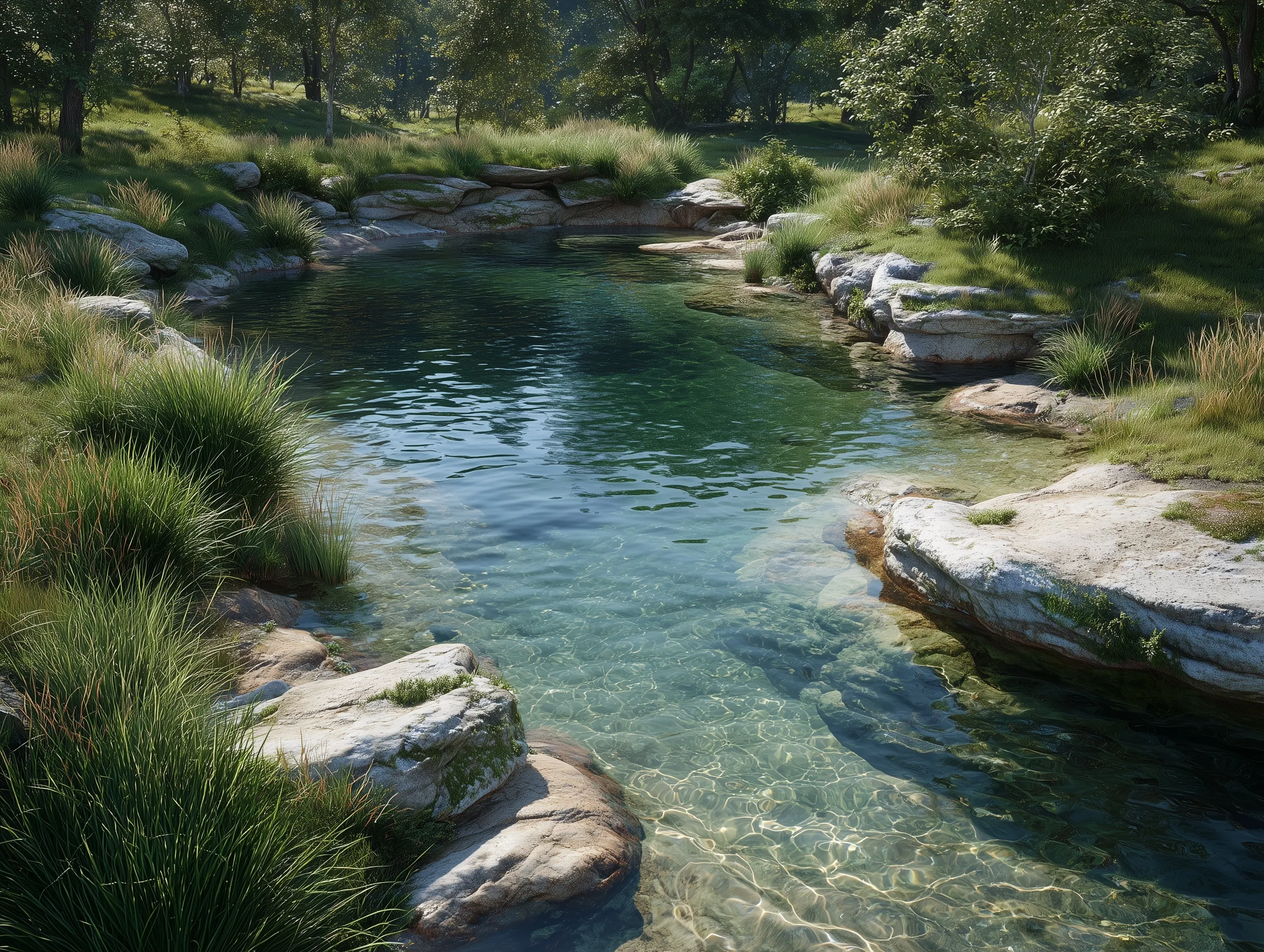 A modern natural swimming pool design integrated with a clear river, surrounded by lush grass and stones in sunlight.