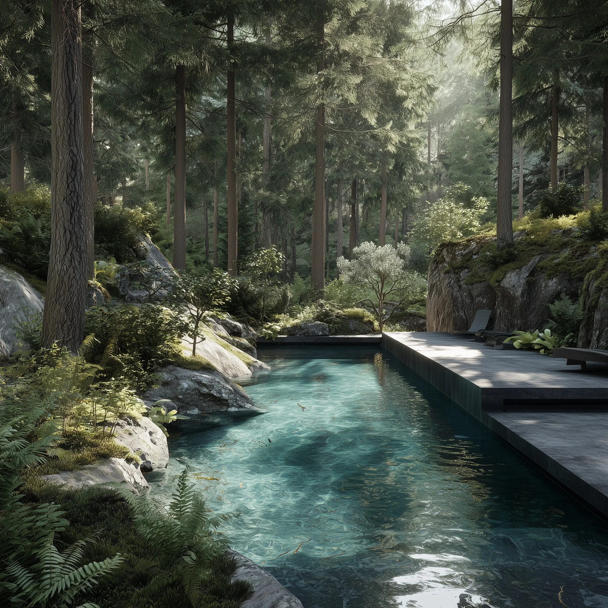 Photorealistic natural swimming pool in a wild forest, Scandinavian minimal style design inspiration.