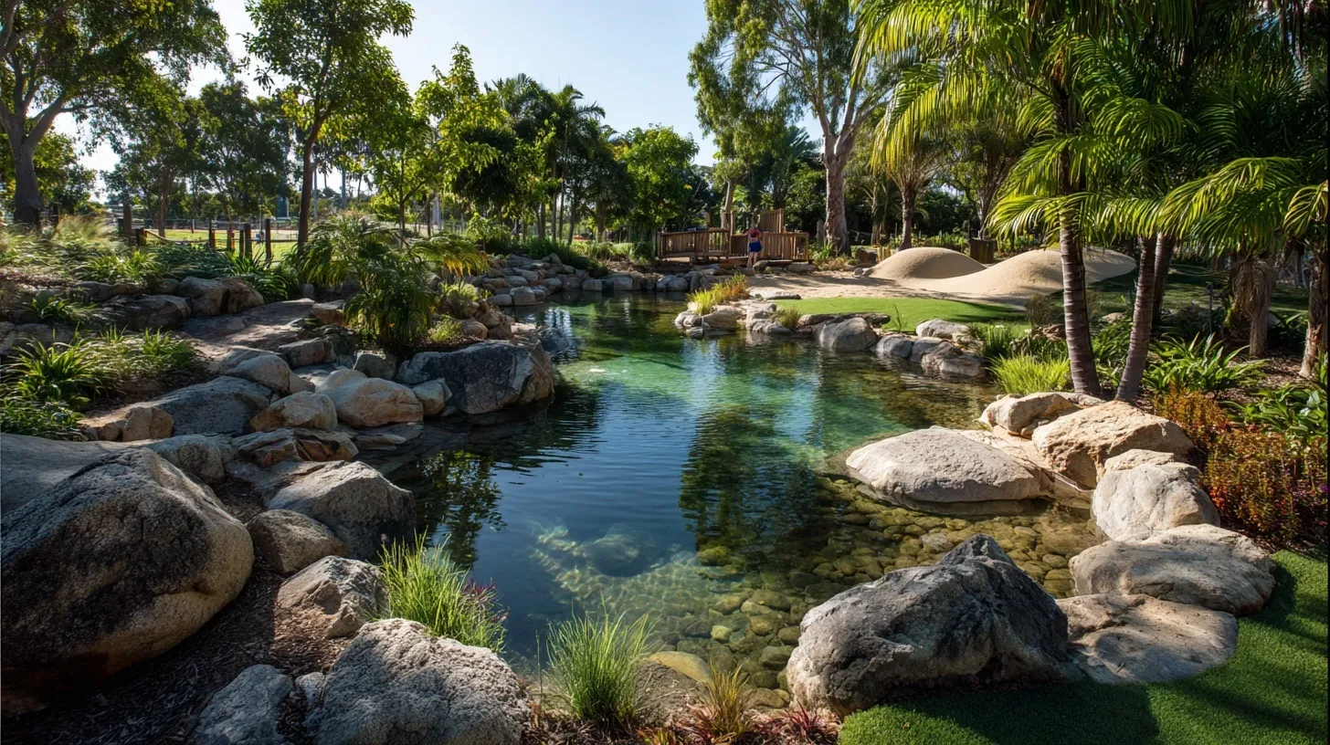 Families and children playing at a beautifully designed natural swimming pond with tropical greenery and rock edges.