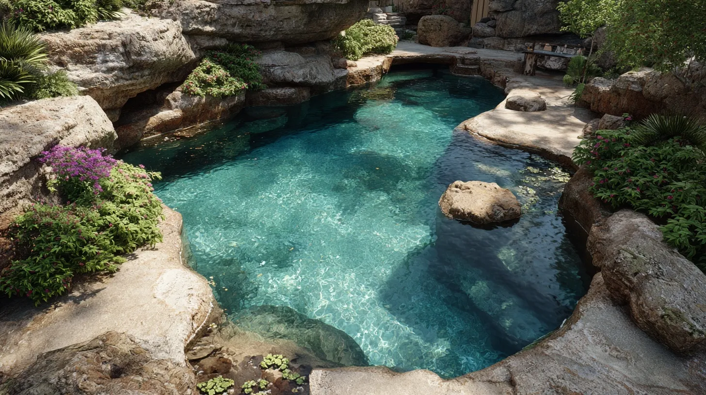 A beautiful, realistic rustic natural swimming pool design for backyard inspiration and landscaping ideas.