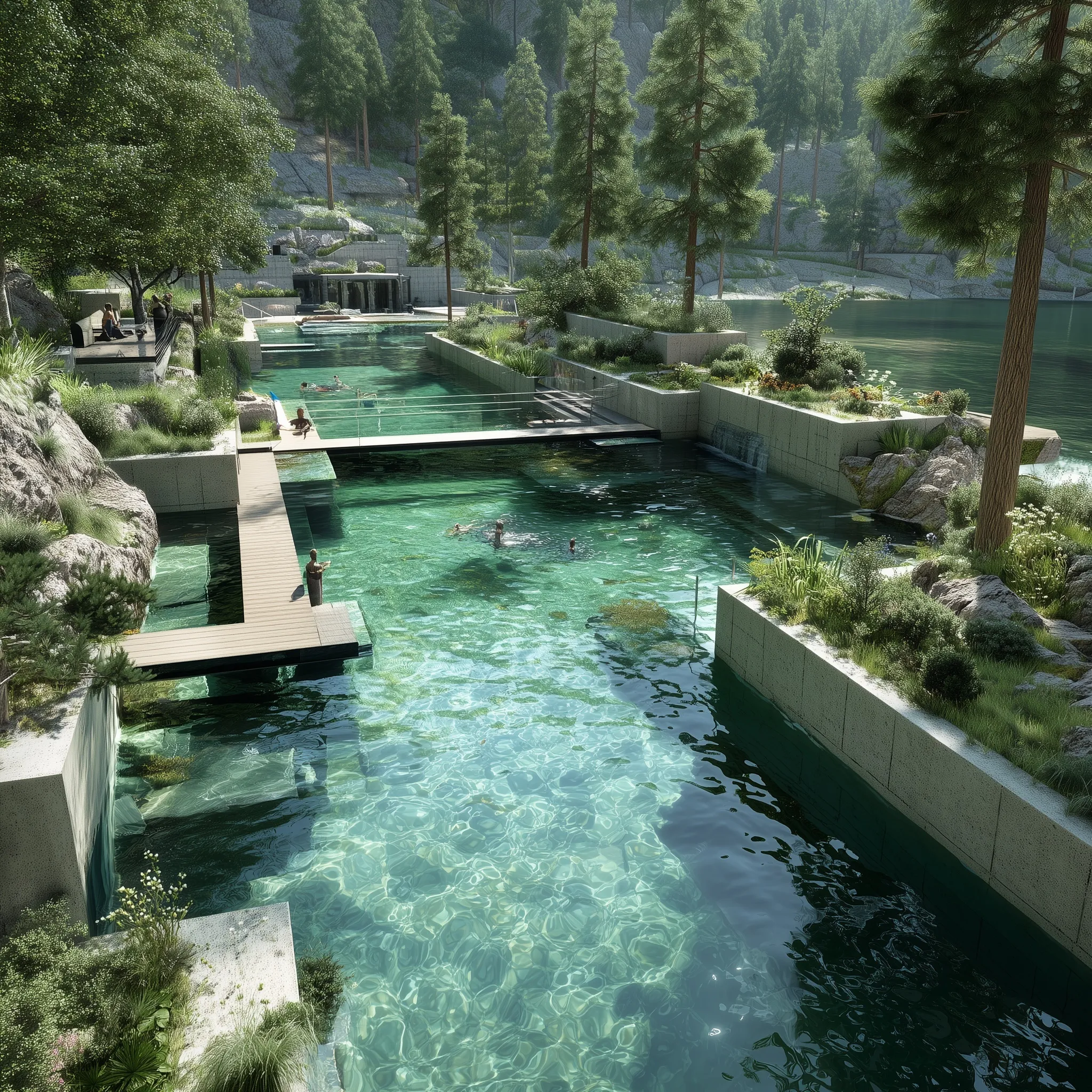 Modern natural swimming pool design with clear water, surrounded by lush landscaping and tourists.