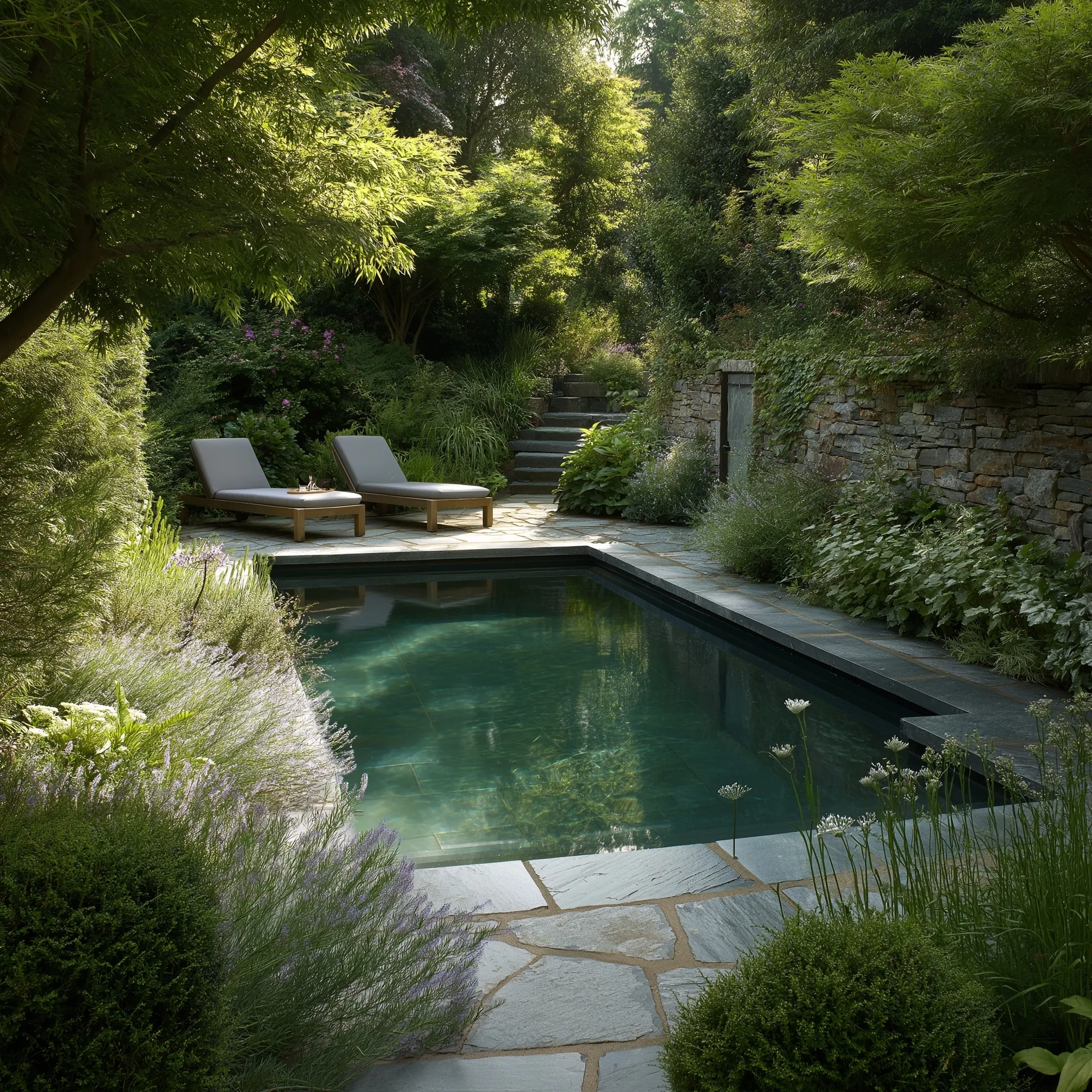 Small natural swimming pool with slate cladding, green water, sun loungers, and lush perennial landscaping.