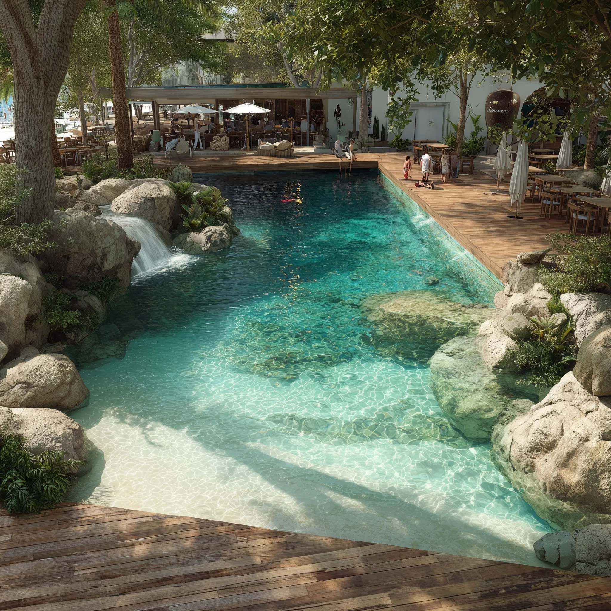 A luxury natural swimming pool with white sand, a waterfall, and resort guests enjoying a tropical oasis design.