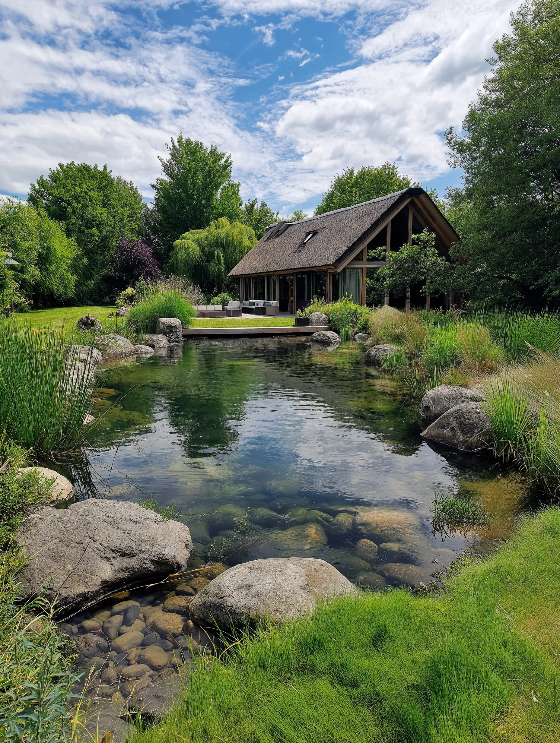 A modern Dutch barnhaus overlooking a beautiful natural swimming pond in a peaceful garden setting.