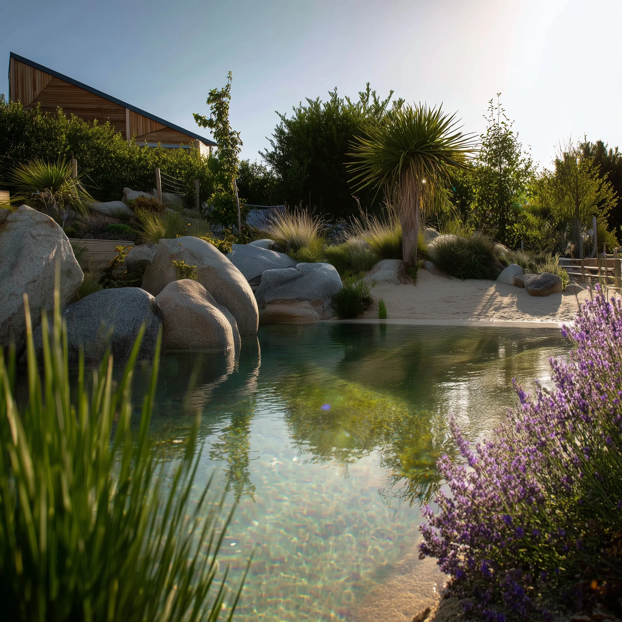 Natural swimming pool with sandy beach entry, granite rocks, and lush Mediterranean garden design at sunset.
