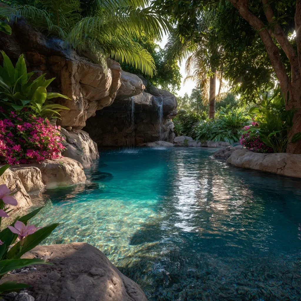 A serene tropical natural swimming pool with a stone waterfall, lush palm trees, and crystal-clear turquoise water.