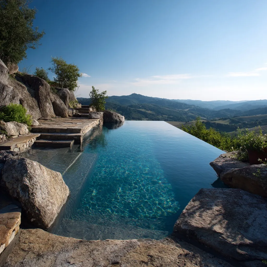 Triangular infinity pool on a Tuscan hill featuring a natural stone rock entry and sharp geometric corner.
