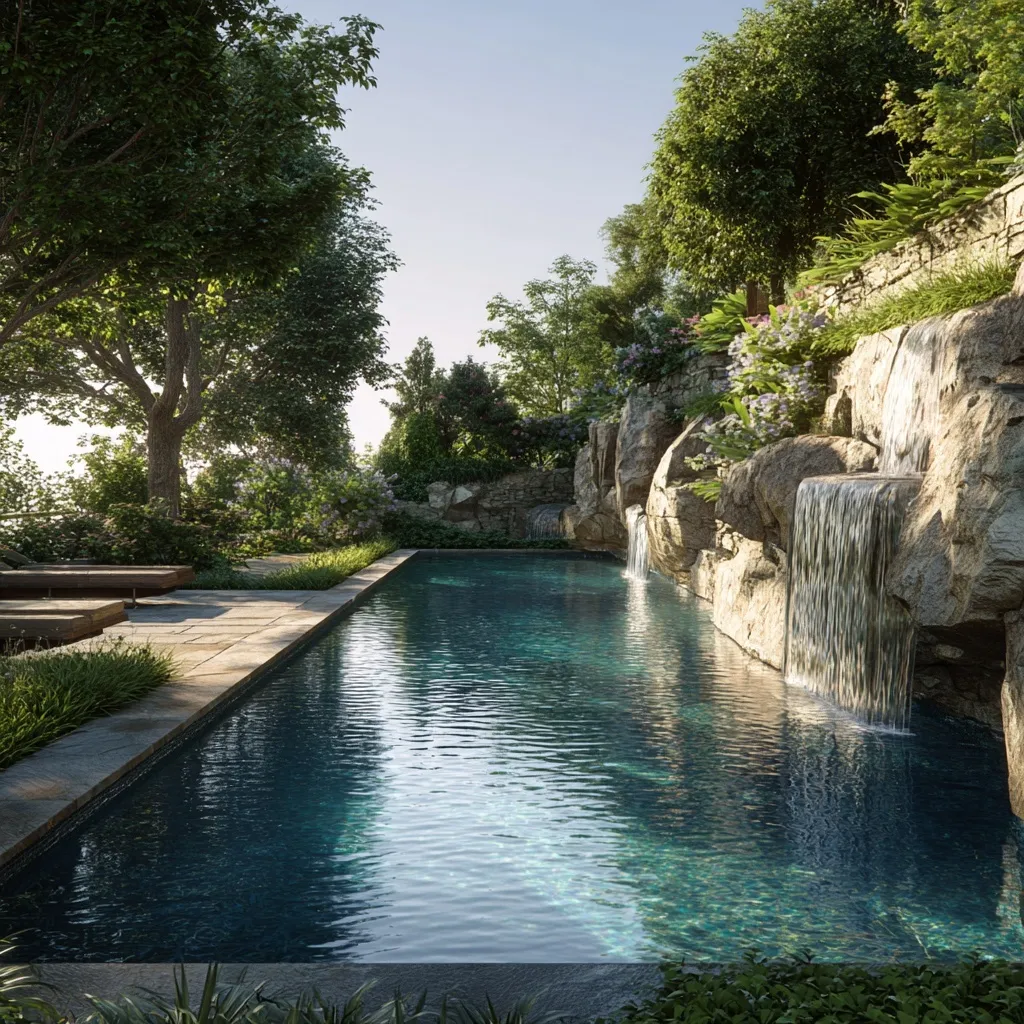 Rectangular natural swimming pool featuring an integrated organic stone waterfall design.