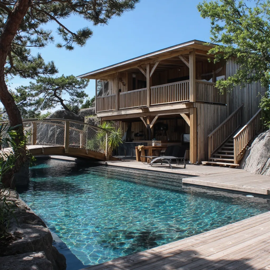 Balinese-style natural swimming pool with a wooden stilt pool house and a wooden suspension bridge.