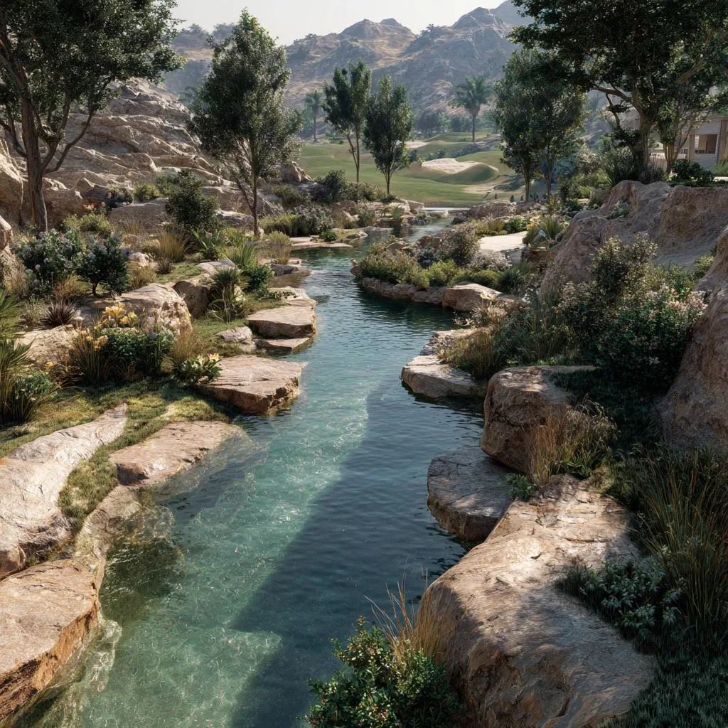 A sustainable natural swimming pool integrated into a scenic wadi landscape design for outdoor inspiration.