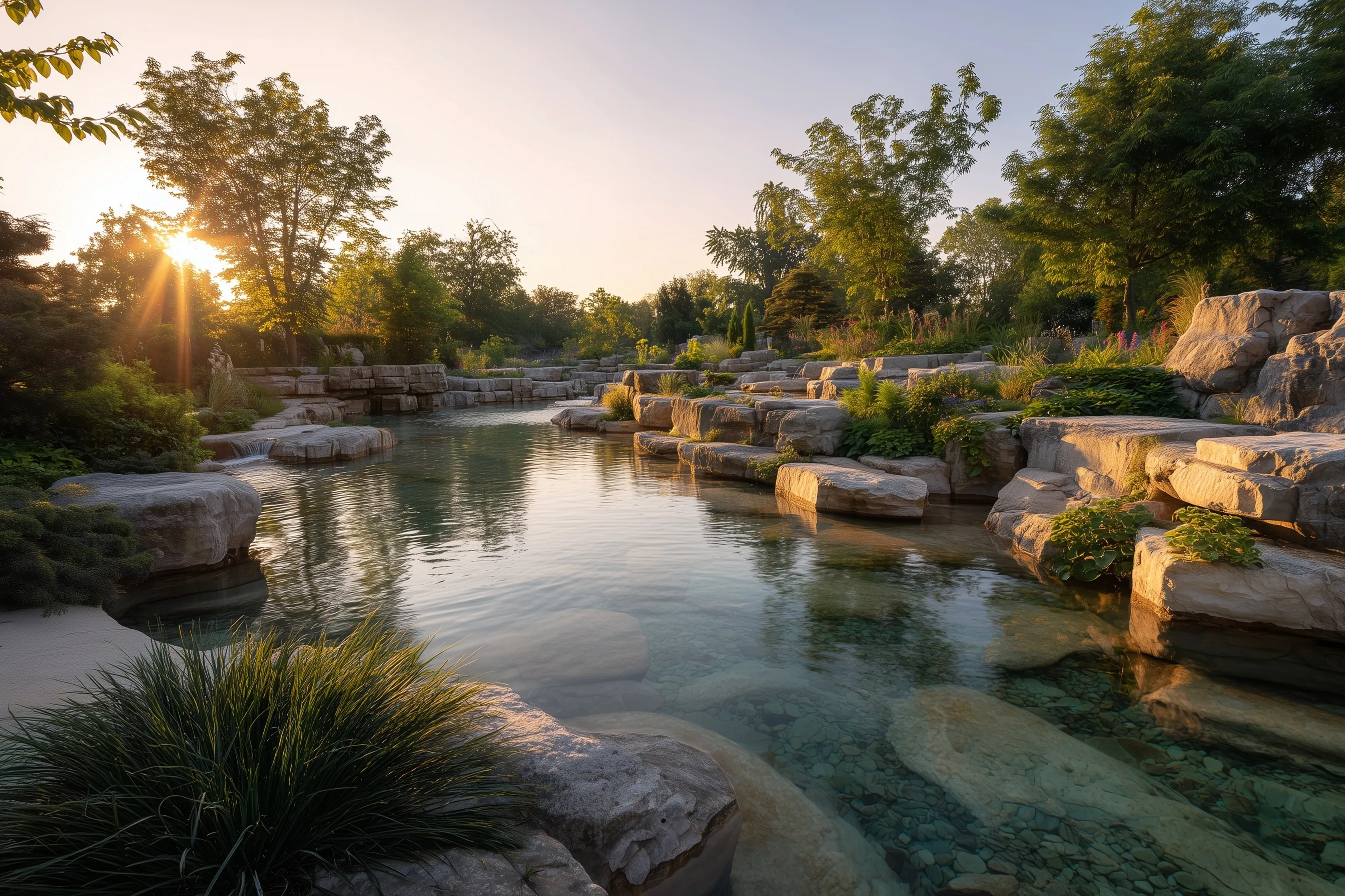 People relaxing by a natural swimming pool in a lush botanical park at golden hour with limestone terraces.