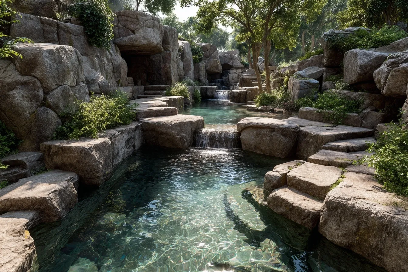 Cascading natural rock pools with flowing water, stone tiers, and lush greenery in soft cinematic daylight.