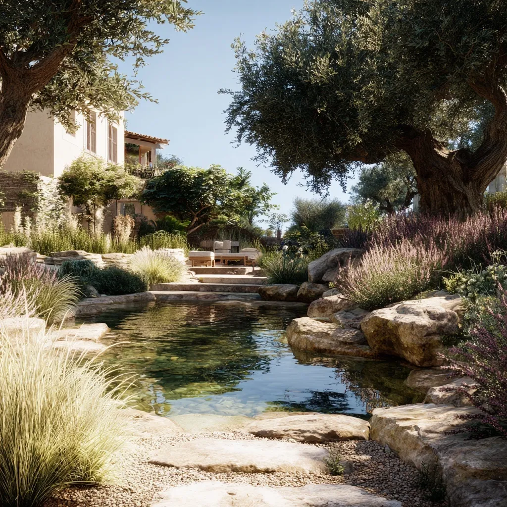 A luxury Mediterranean natural swimming pool surrounded by olive trees and elegant stone landscaping.