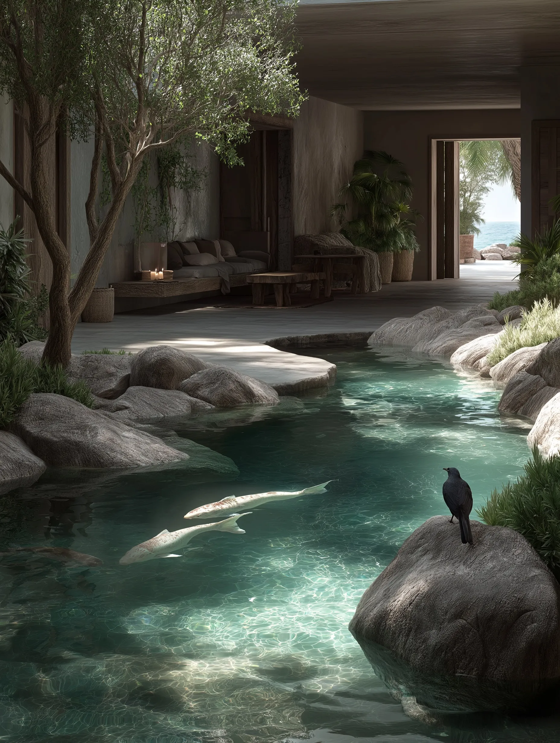 A luxury Mediterranean mansion atrium with a natural swimming pond, koi fish, lush plants, and a resting blackbird.