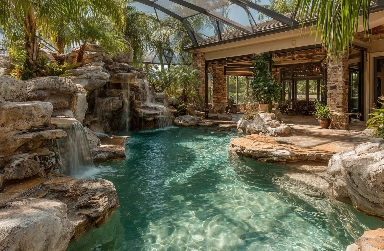 Tropical natural swimming pool with waterfalls, rock features, and palm trees at a luxury Florida home patio.