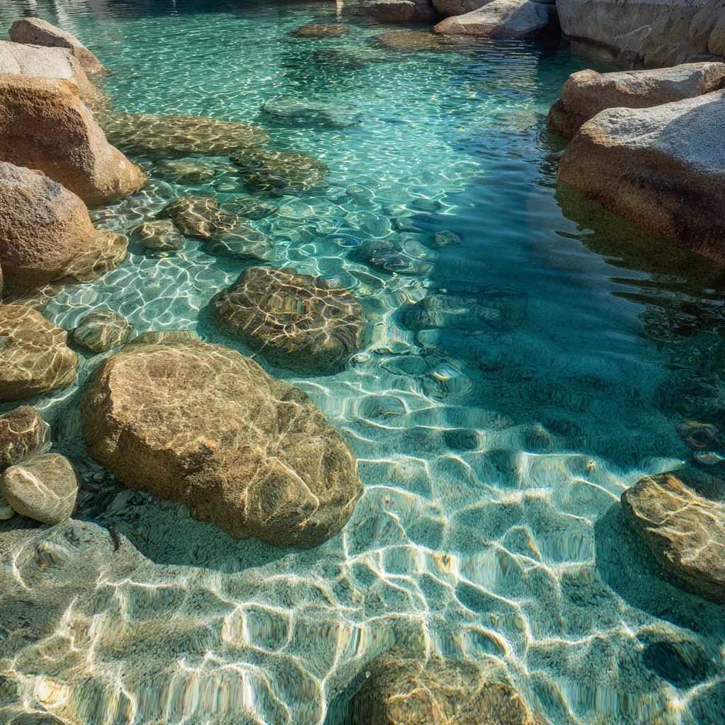 Crystal clear natural swimming pool with white sand and round stones in sunny California.