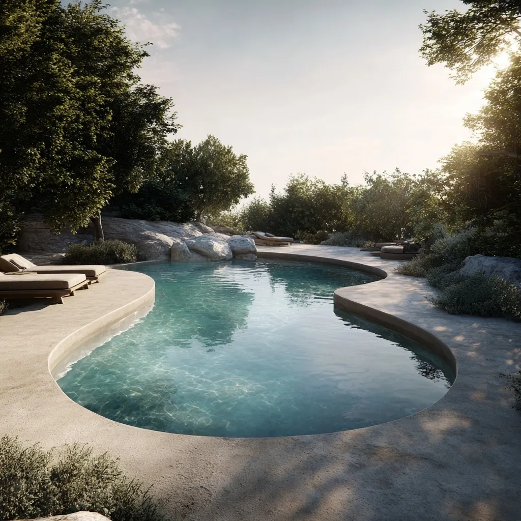 A luxury natural swimming pool with organic shapes, crystal clear water, and minimalist stone landscaping.