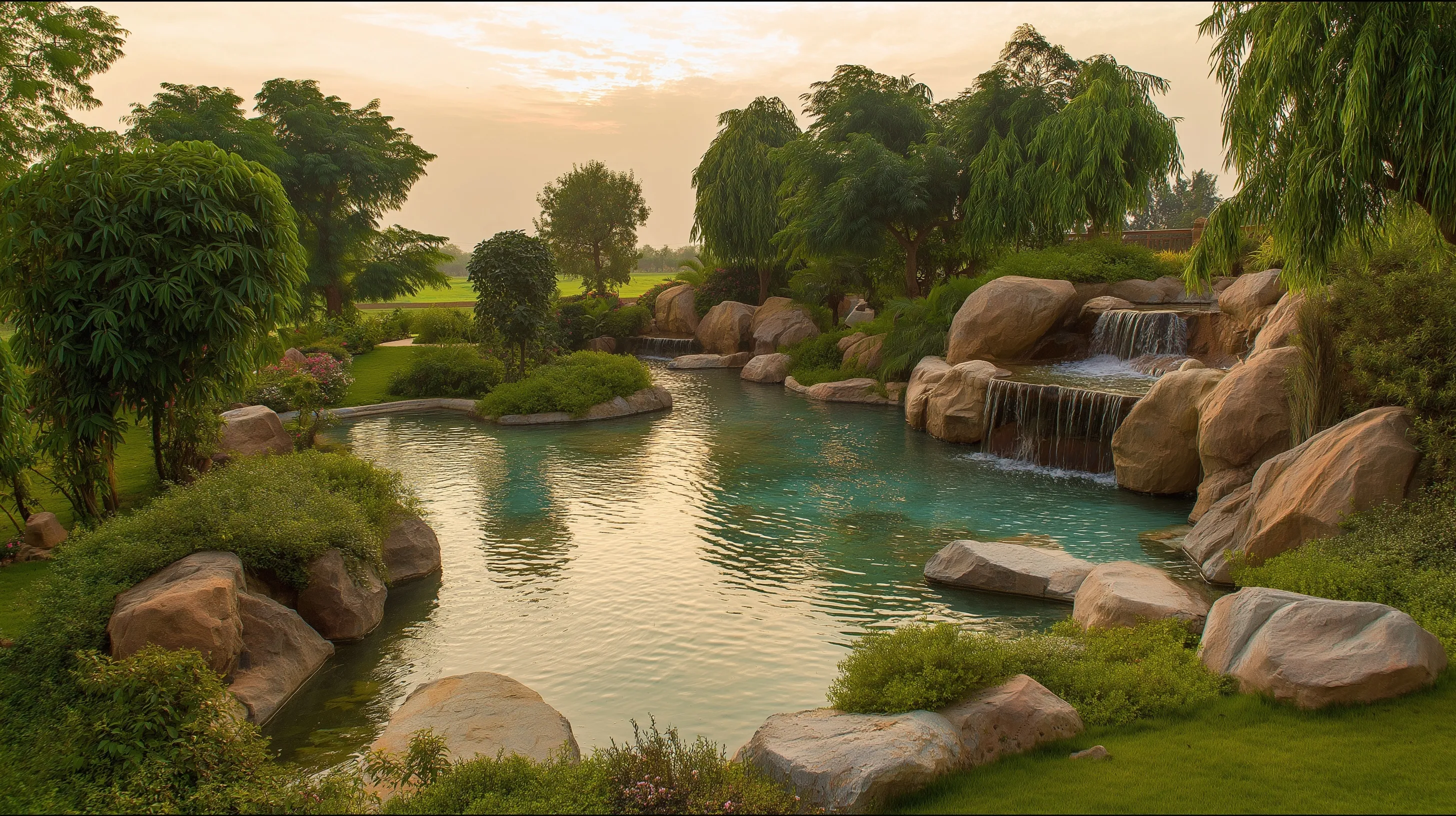 Landscaped natural swimming pool design at Hermitage Farms, featuring a serene stone-bordered water feature.