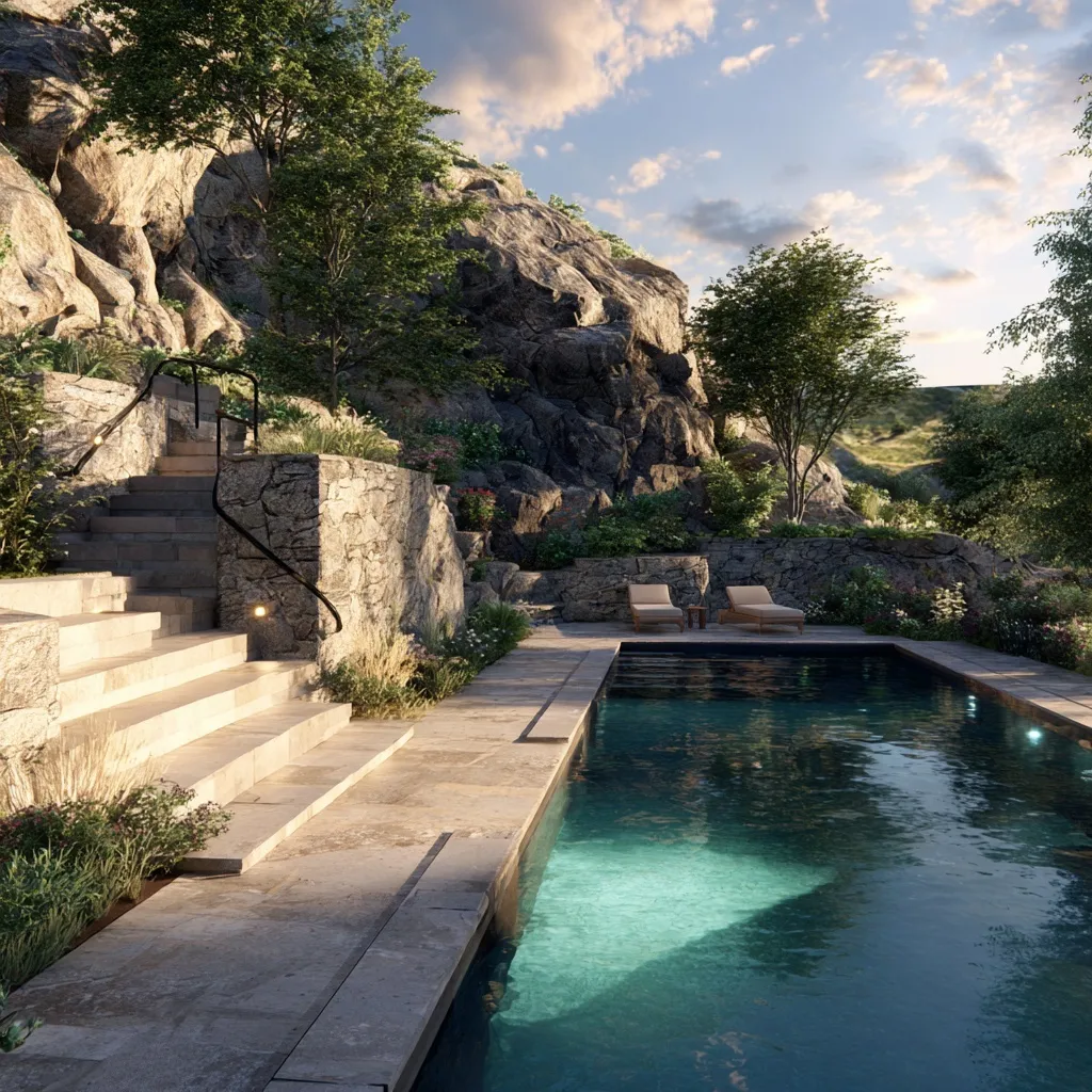 Natural swimming pool design with stone stairs, rocky cliff integration, and open landscape views.