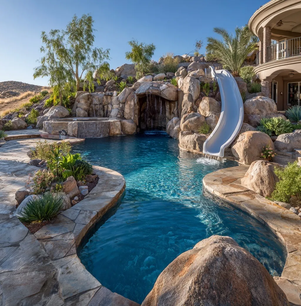 An epic backyard natural swimming pool with a waterfall, rock slide, and desert garden oasis view.