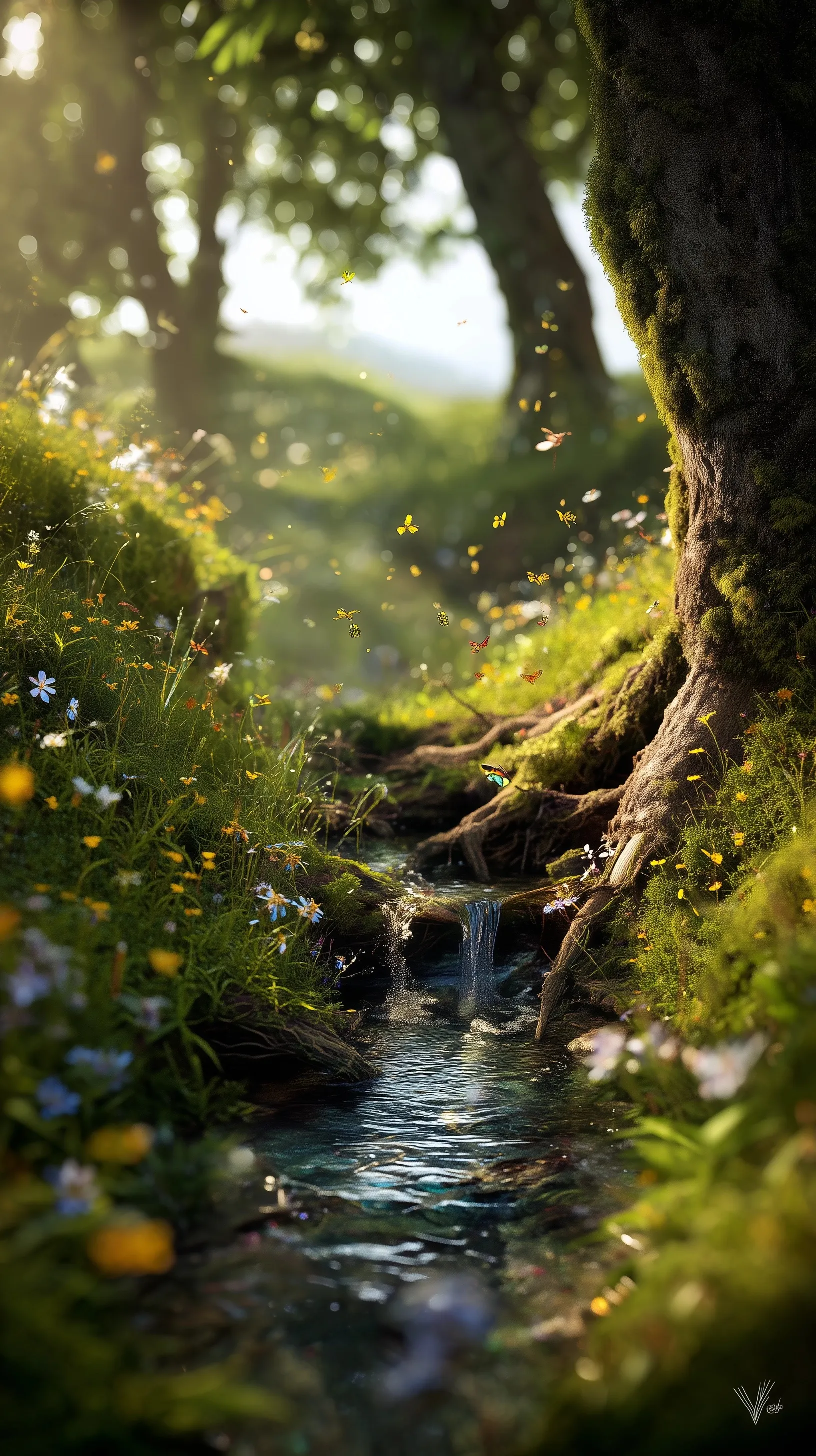 Crystal-clear spring flowing through ancient tree roots into a vibrant wildflower meadow with golden sunlight.