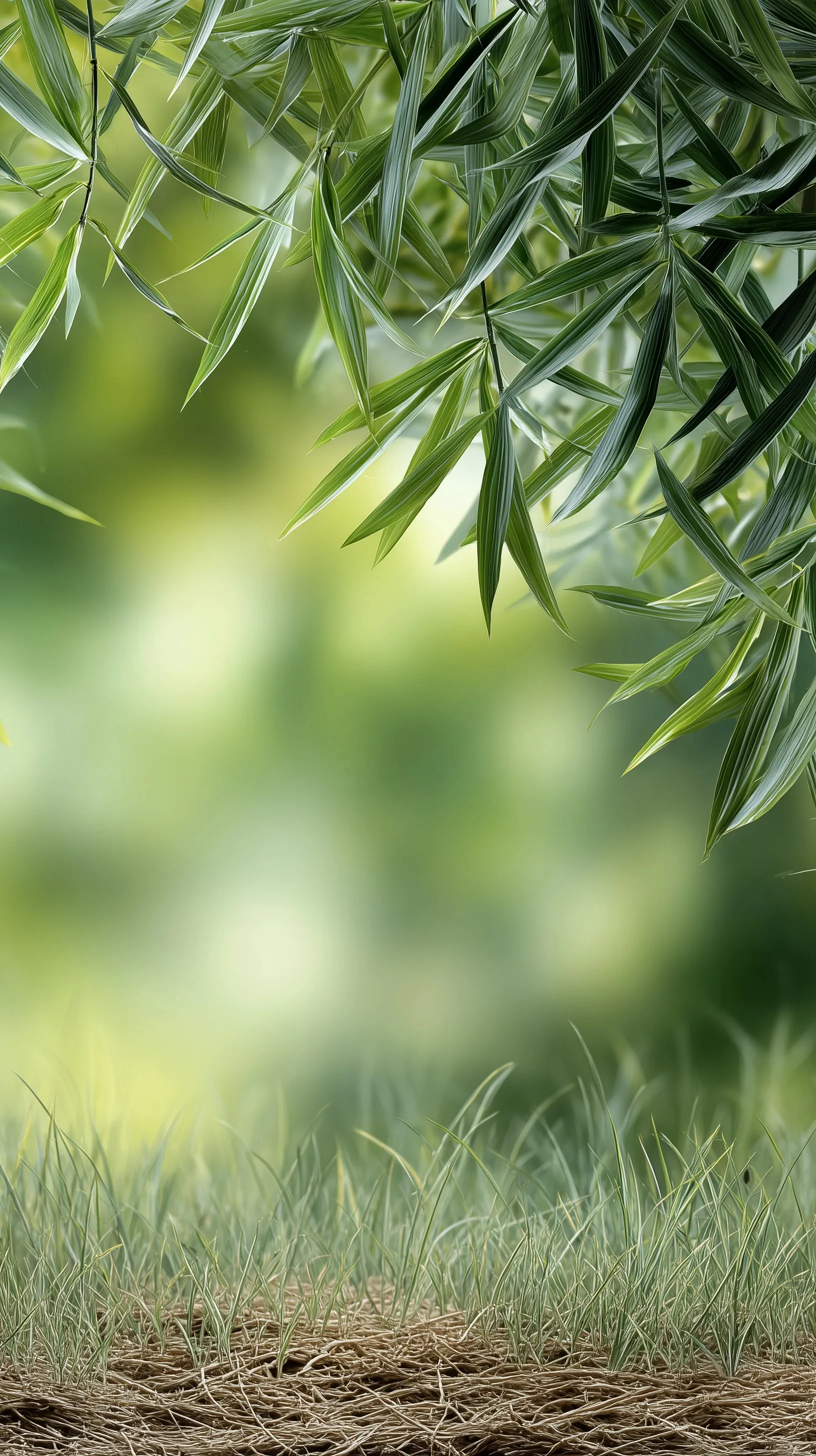 Tropical leaves and green meadow with soft bokeh lighting, perfect for a high-resolution iPhone 17 Pro wallpaper.