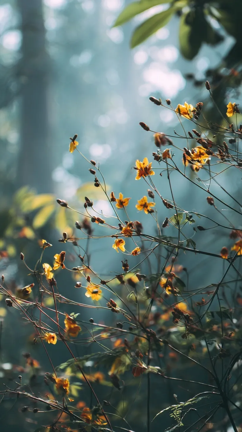 A serene forest nature wallpaper for iPhone 17 Pro featuring backlit trees, swaying flowers, and dancing birds.