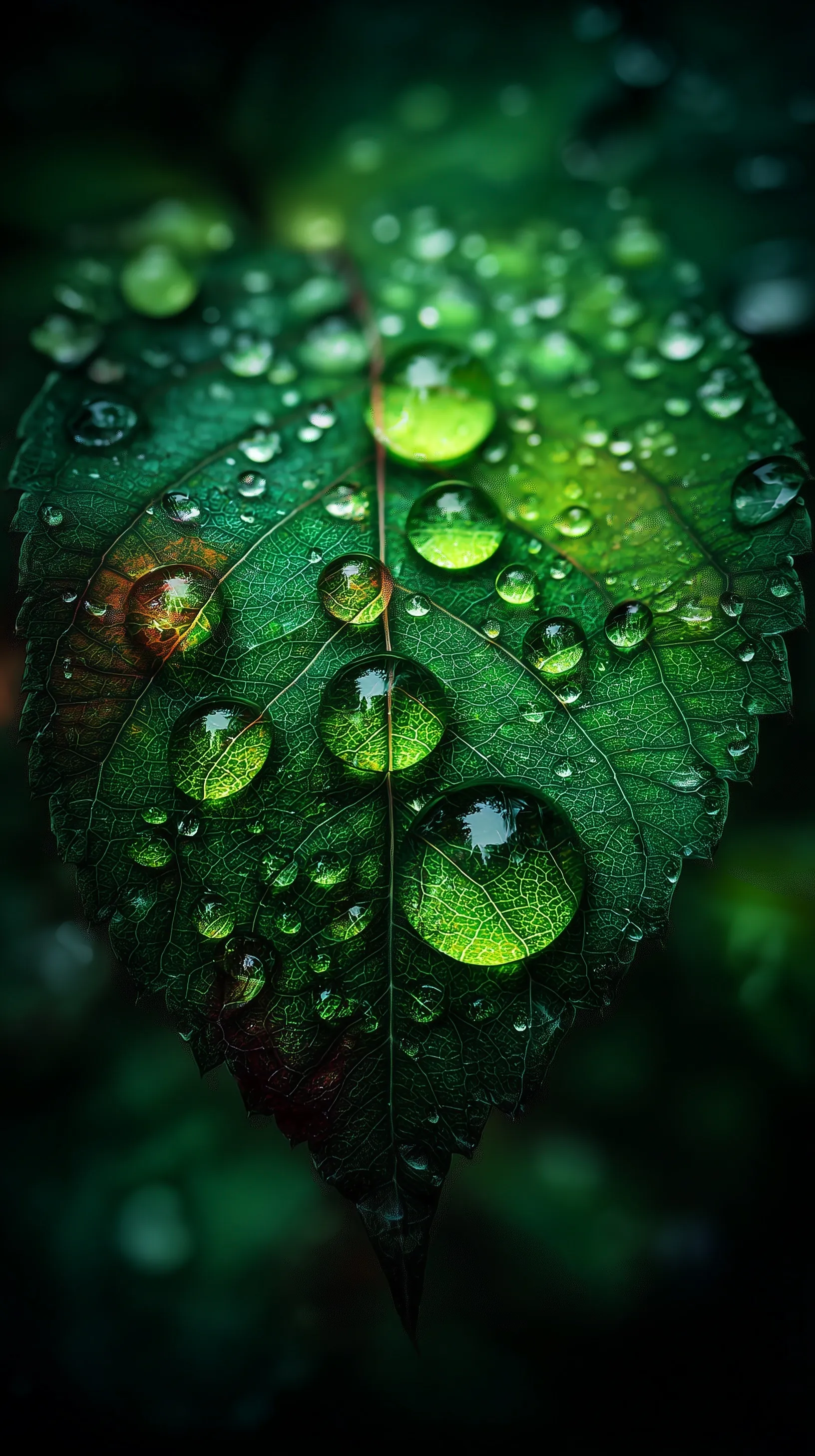 Extreme close-up of a green leaf texture with water droplets and visible veins, perfect for iPhone 17 Pro wallpaper.