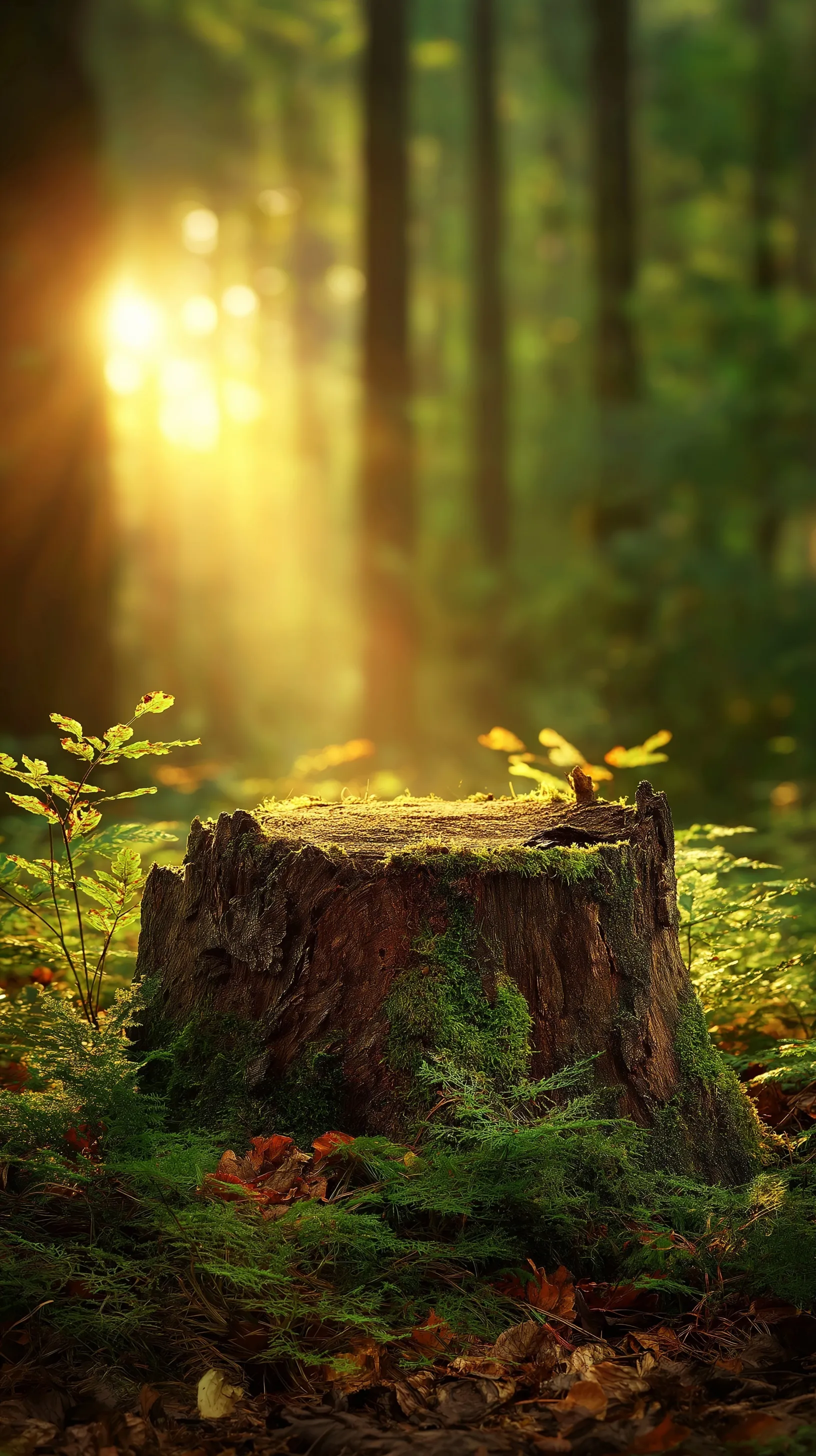 Empty wooden tree stump display in a sunlit forest with green foliage and soft golden bokeh, iPhone 17 Pro wallpaper.