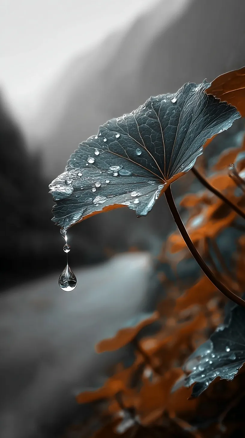 Crystal clear water droplet falling from a green leaf, high-resolution nature mobile wallpaper for iPhone 17 Pro.