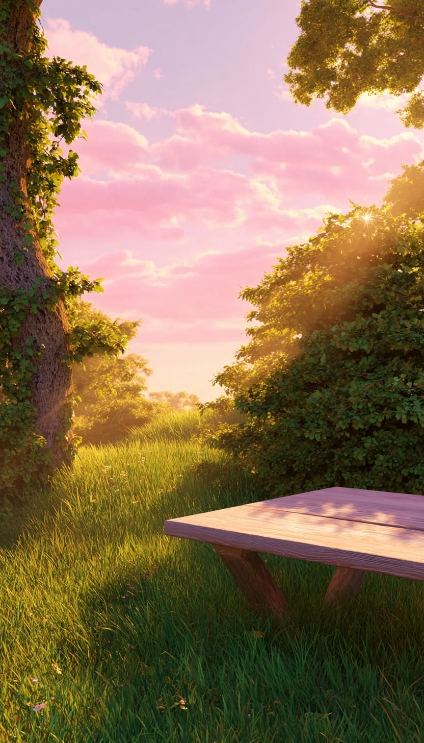 Cartoon style sunset lawn with trees and a wooden table, cozy nature mobile wallpaper for iPhone 17 Pro.