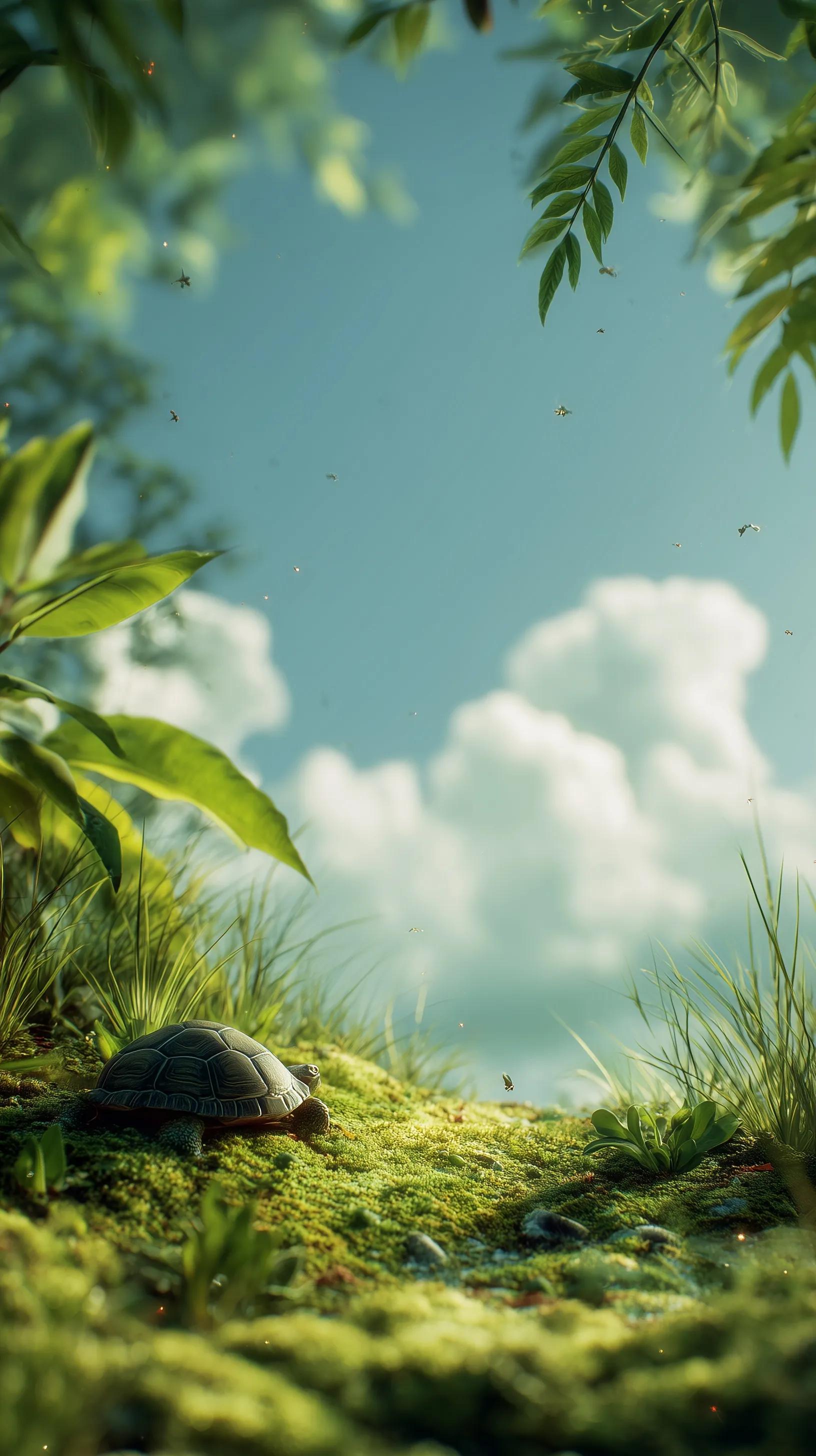 A serene nature mobile wallpaper with lush green moss, a tortoise, and a sunny blue sky for iPhone 17 Pro.