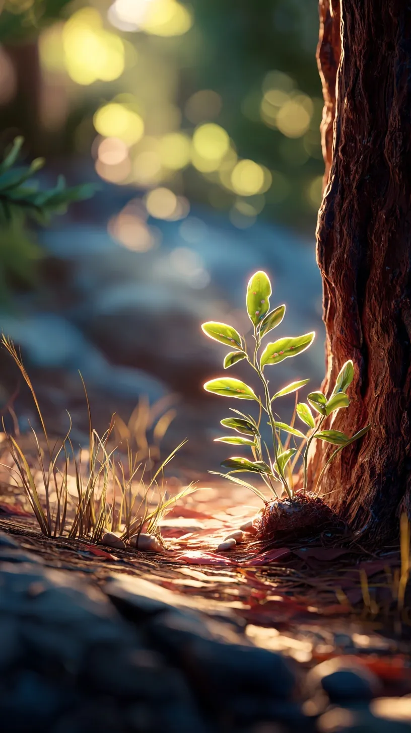 Cartoon pastoral nature scene featuring a small plant and tall tree bathed in soft sunlight for iPhone wallpaper.