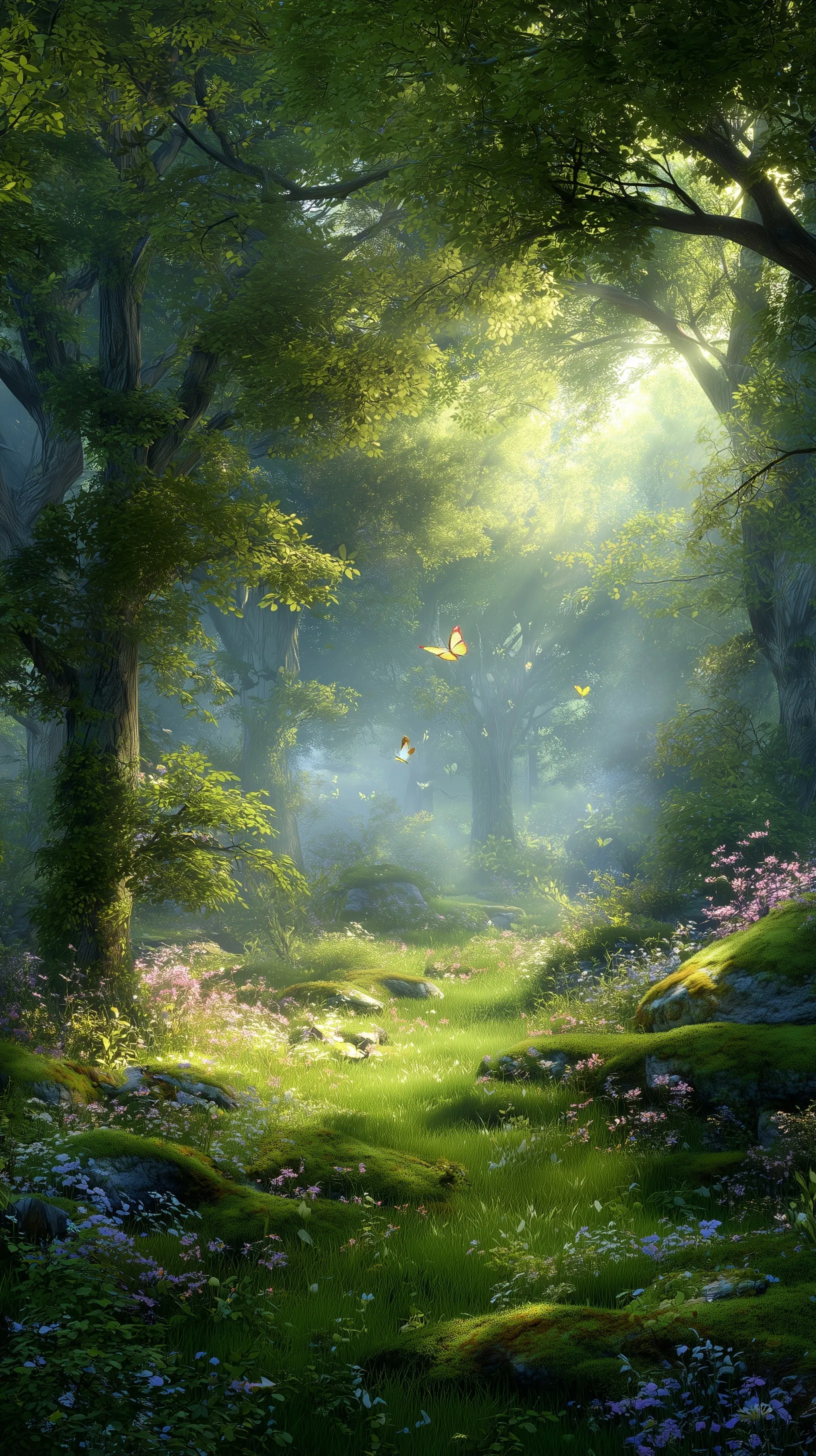 A sunlit forest clearing with wildflowers, moss, and golden morning mist for iPhone 17 Pro nature wallpaper.