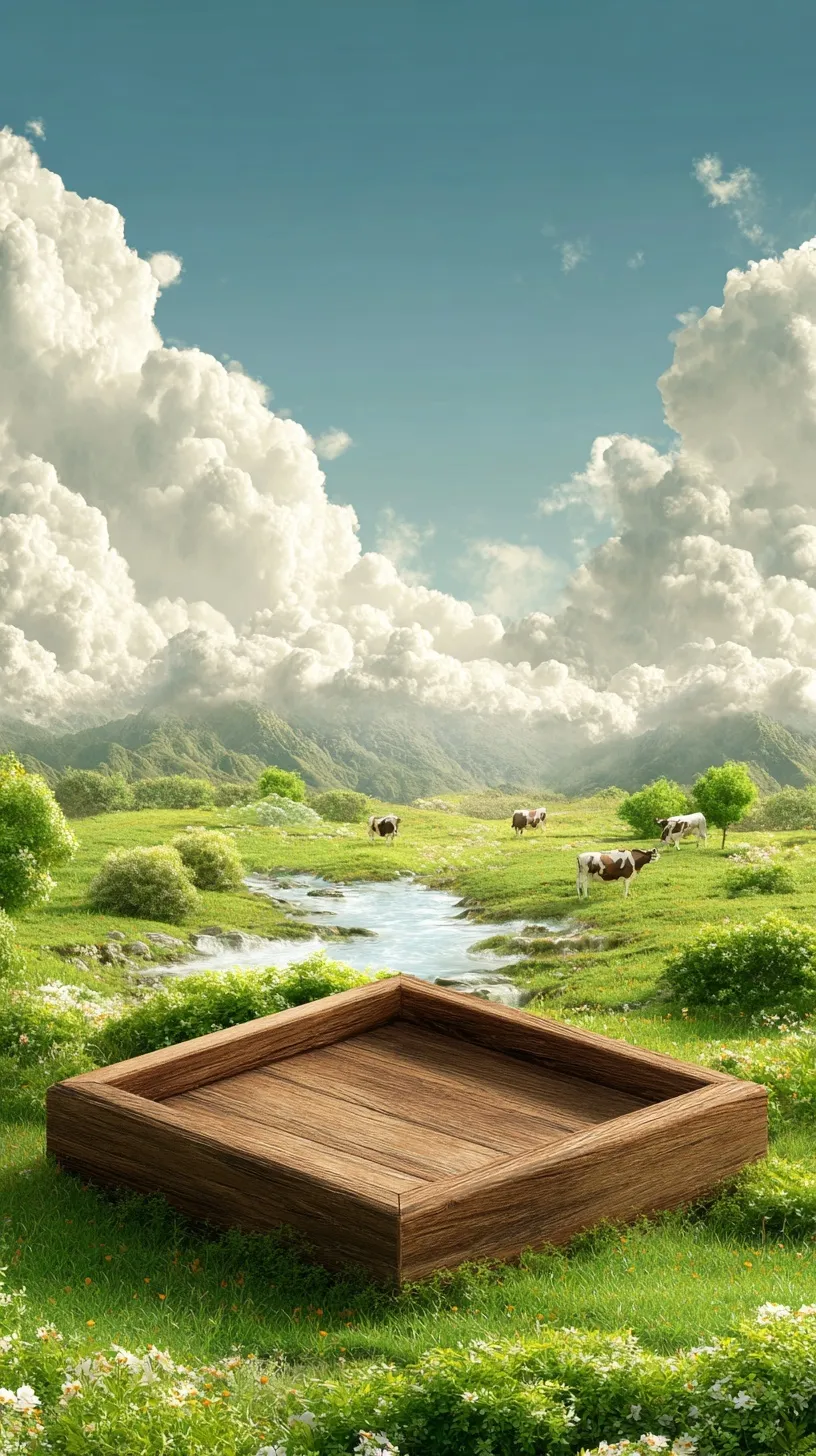 Wooden display box on lush meadow with grazing cows, mountains, and blue sky in an Ansel Adams photography style.